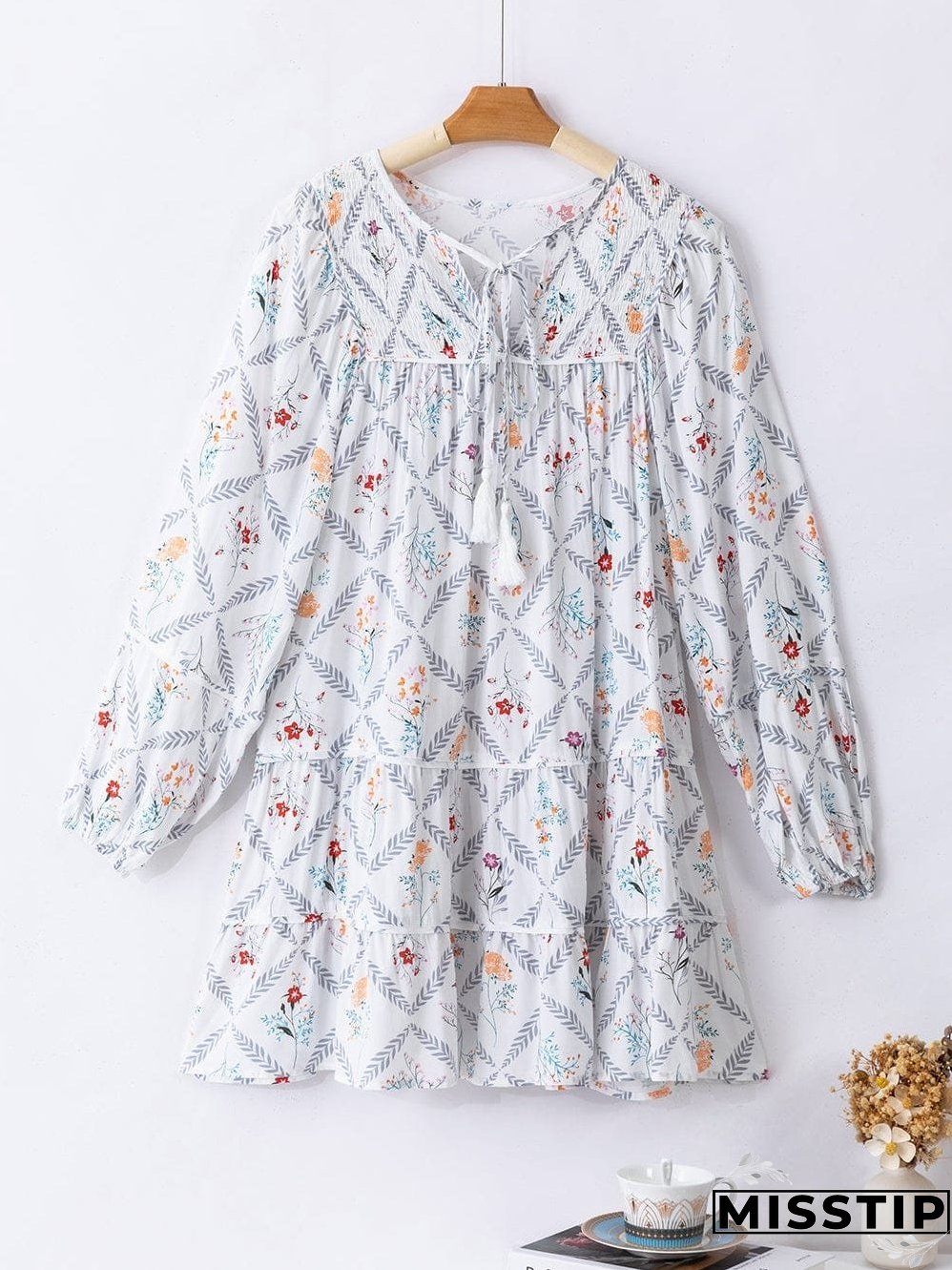 Bohemian White Floral Mini Dress with Puff Sleeves