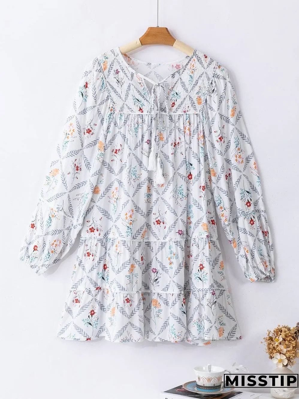 Bohemian White Floral Mini Dress with Puff Sleeves