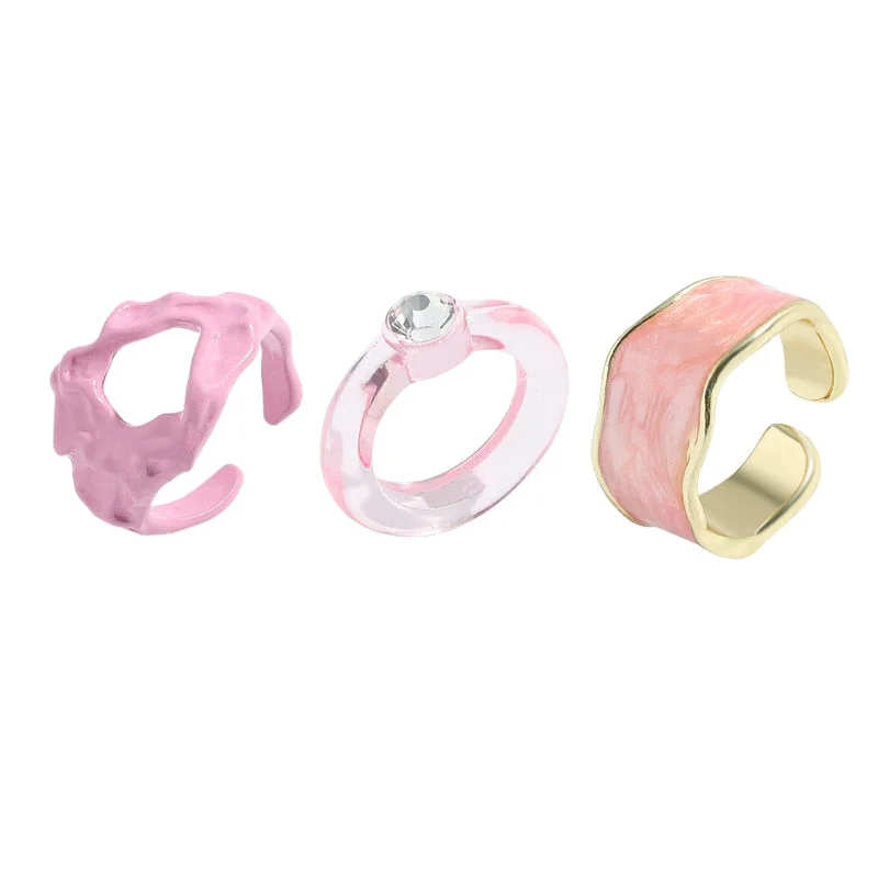 Dvacaman 2021 New Trendy Hand-Painted Candy Color Dripping Oil Geometric Chain Rings Set for Women Colorful Irregular Open Rings
