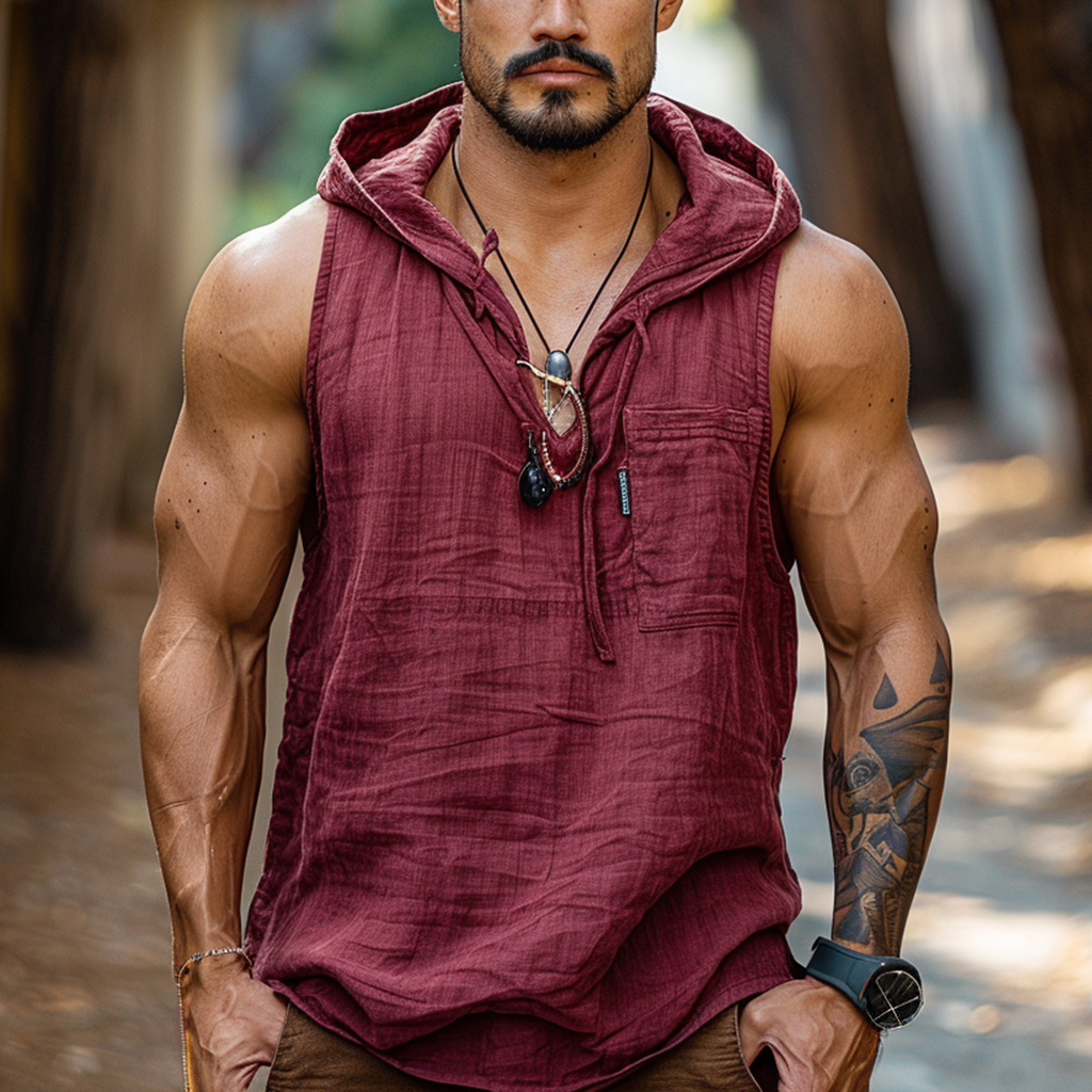 Retro Casual Linen Tank Top Hooded Sleeveless T-shirt / TECHWEAR CLUB / Techwear