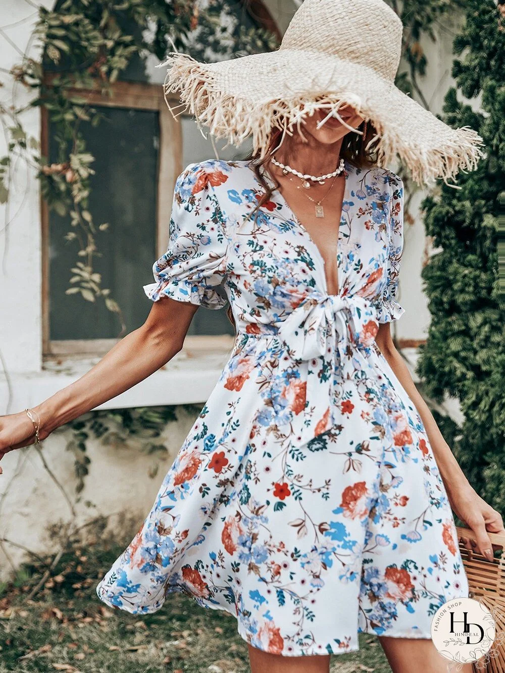 Elegant Floral Print Dress Women Summer Dresses New Boho Deep V Neck White Short Puff Sleeve Lace-up Waist Swing Mini Dress