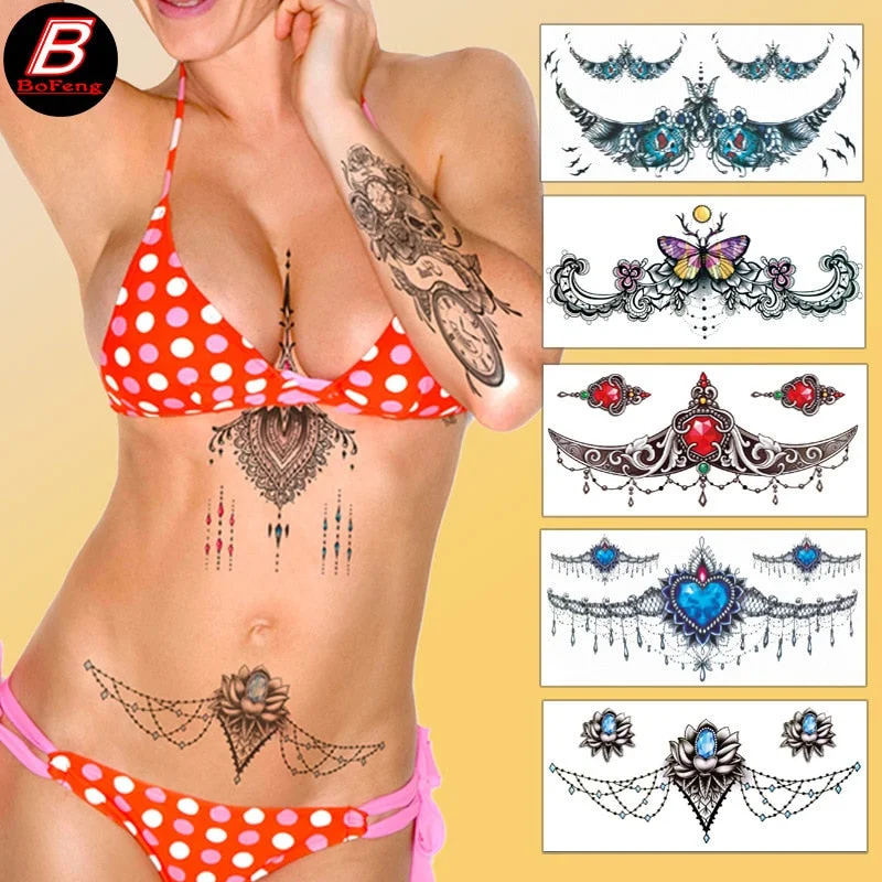 New Temporary Tatoo for Women Sexy Chest Waist Stickers Clavicle Big FakeTattoo Art Deco Beauty Scar Waterproof Tattoo Stickers