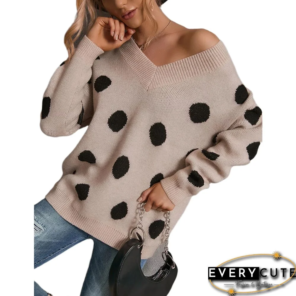 Khaki Polka Dot V Neck Knitted Pullover Sweater