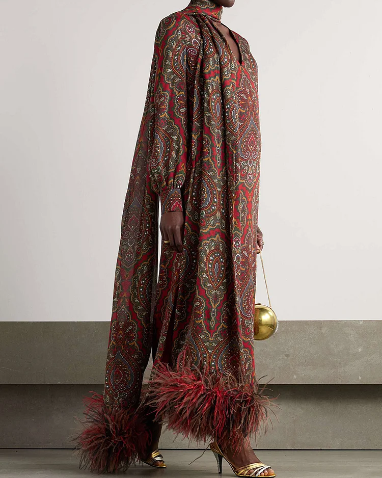 Red Feather-trimmed scarf-detailed paisley-print silk-crepe midi dress