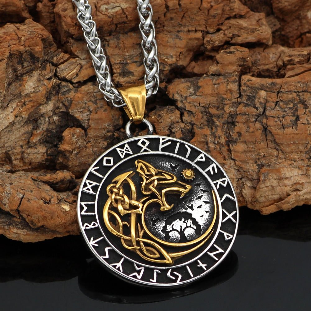 Viking Wolf Head Rune Pendant Necklace
