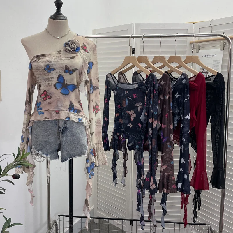 Uveng Tie Dyed Elastic Mesh Oblique Shoulder Irregular Horn Long-Sleeved T-Shirt Flower Short Floated Female 9932