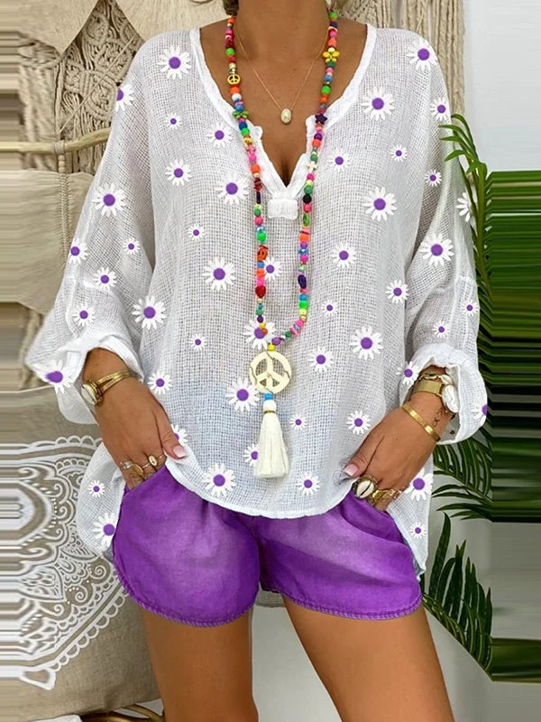 Women's Long Sleeve V-neck Floral Printed Top & Pockets Design Shorts Set