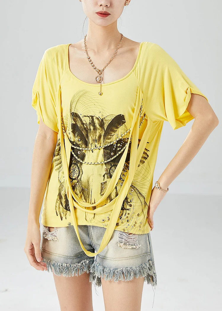 Art Yellow Asymmetrical Design Rivet Print Silk Tank Summer