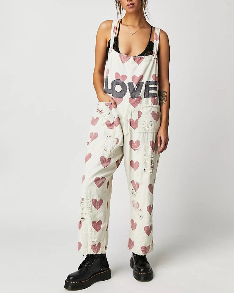 Casual Ragged Heart Letter Print Overalls