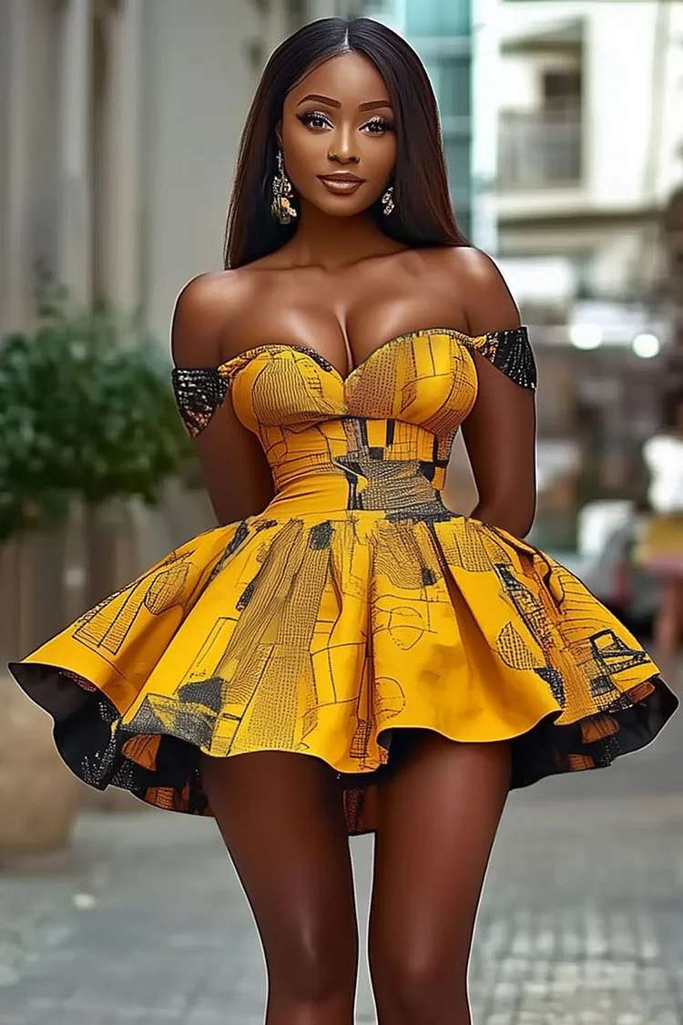 Off Shoulder Print Party Cinched A-Line Mini Dresses-Yellow [Pre Order]