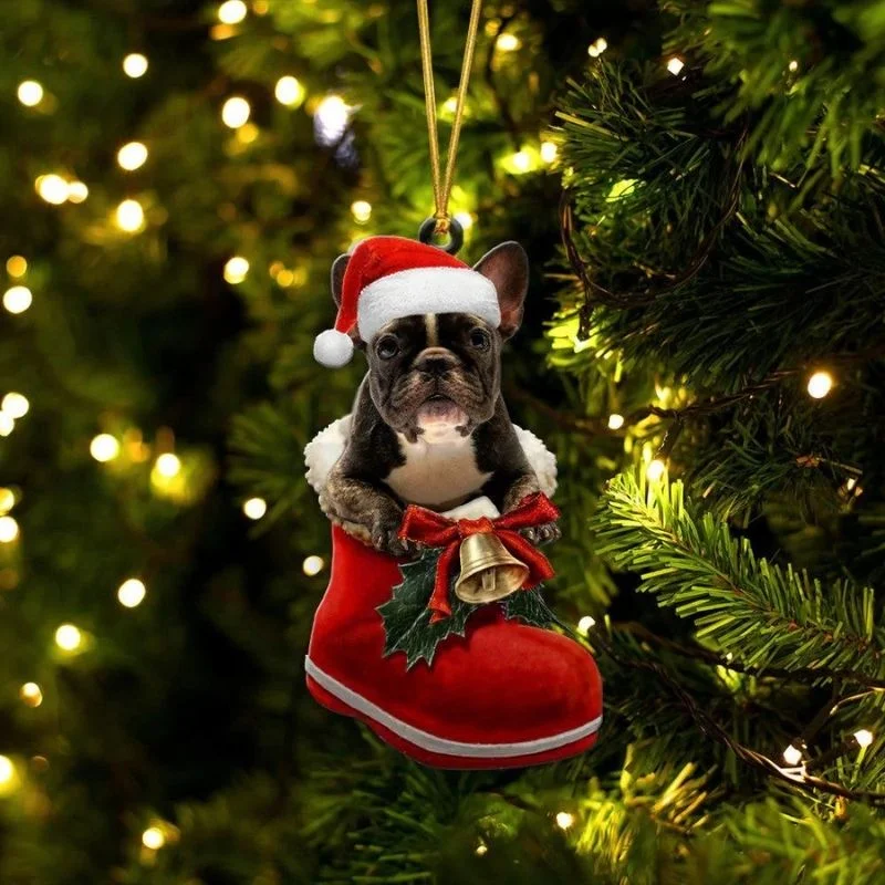 VigorDaily French Bulldog Brindle and White In Santa Boot Christmas Hanging Ornament SB182