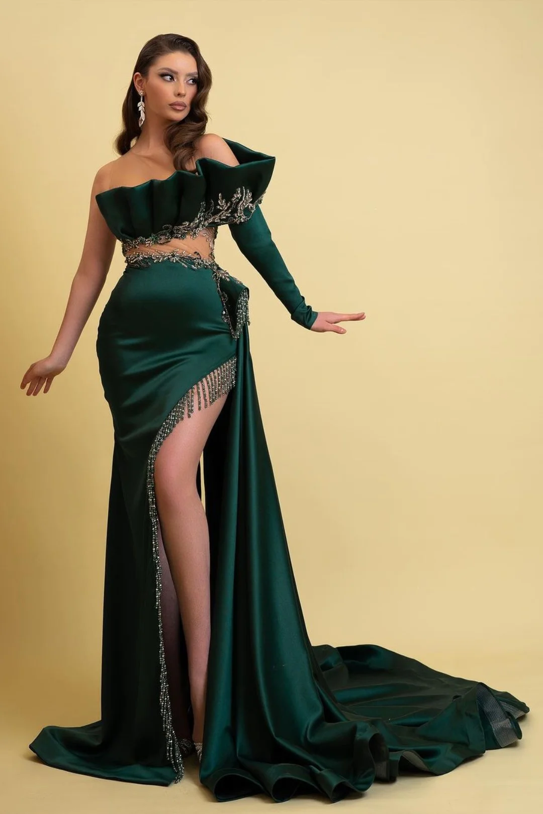 Lisliy Dark Green Long Sleeves Charmeuse Prom Dress With Tassel High Slit Trail 