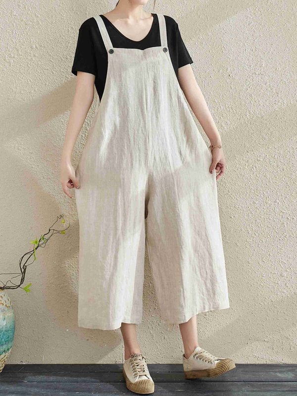 Vintage Solid Color Loose Wide-Leg Overalls