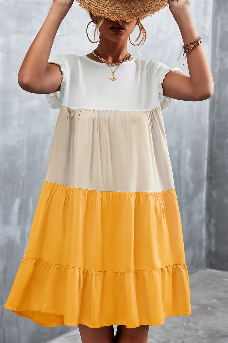 White & Yellow Color Block Ruffle-Accent Shift Mini Dress Women Sweet Beach Dresses