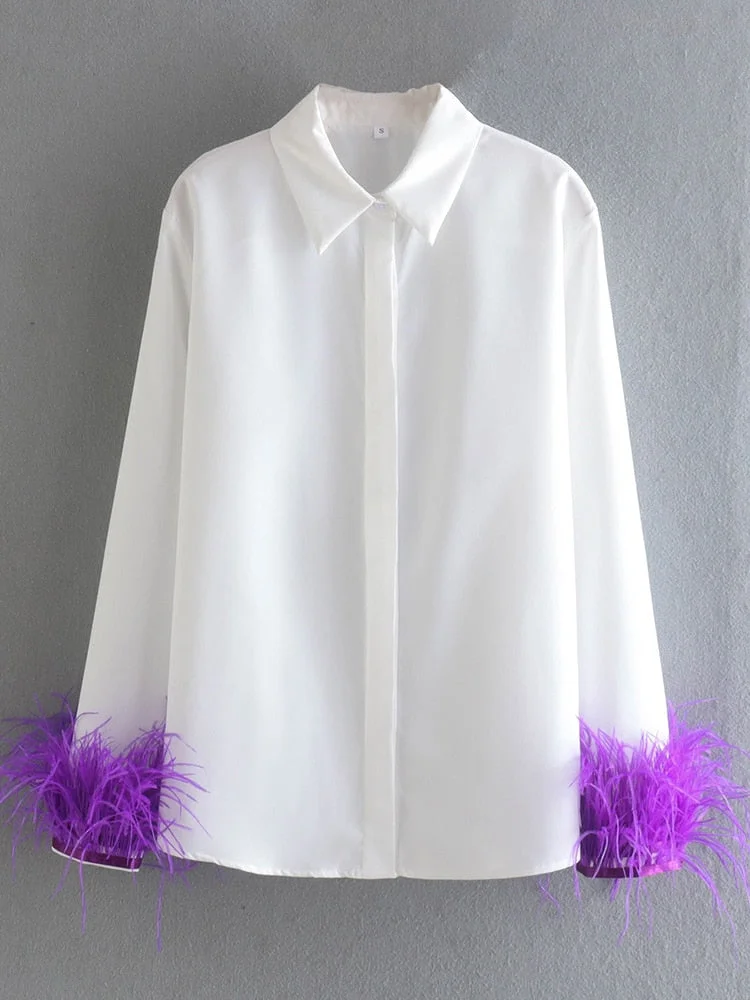 Back to school  Elegant Feathers Long Sleeve Shirt Casual Turn Down Collar Buttons Blouse Women Solid Chic Tops Streetwear Tunics Clothing 2022