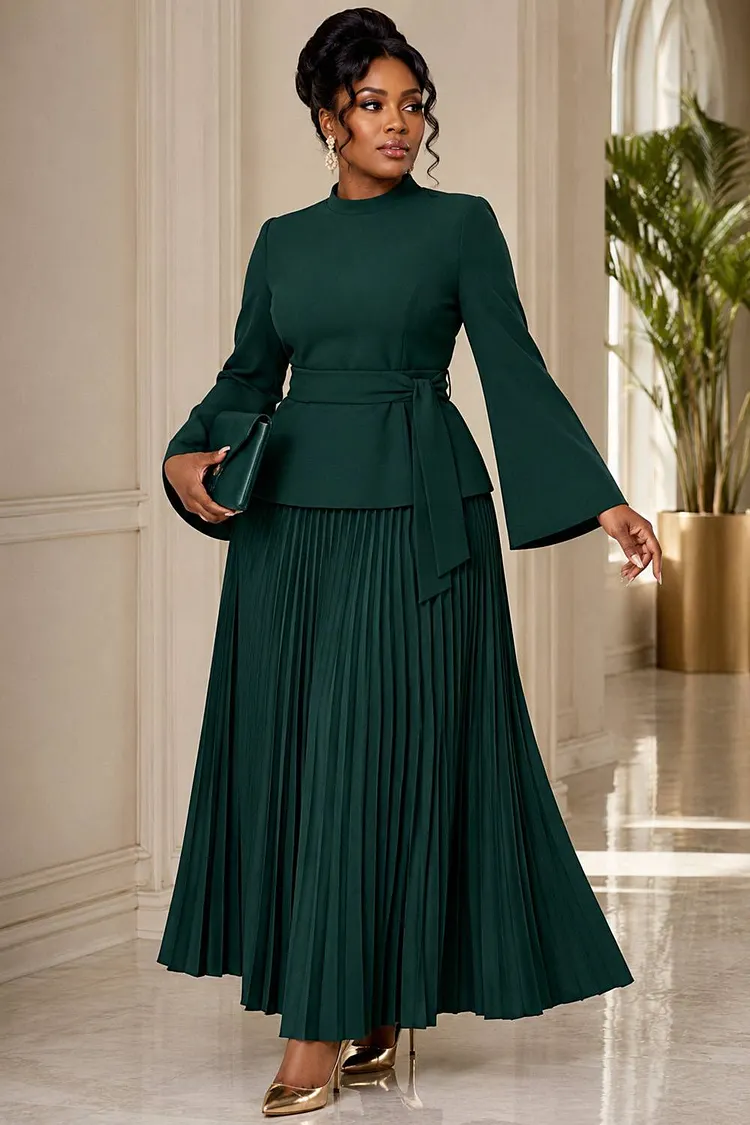 Xpluswear Design Plus Size Business Casual Green Stand-Up Collar Flare Long Sleeve Pleated Wrap Two Piece Skirt Sets [Pre-Order] 2024 - Xpluswear