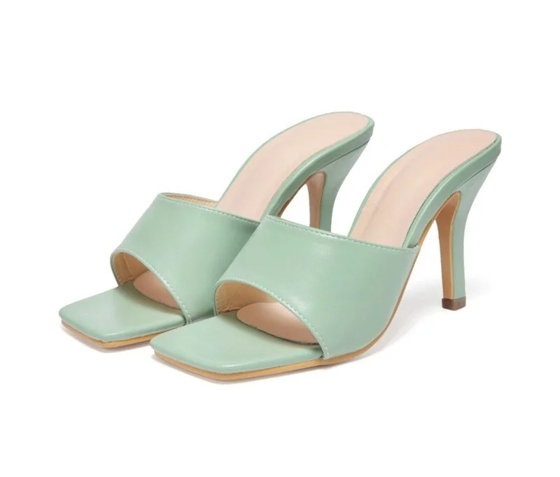 2020 Summer Square toe Women slippers Fashion Thin heeled Ladies Mules Elegant Female High heels Outside Slides Women Sandals 42