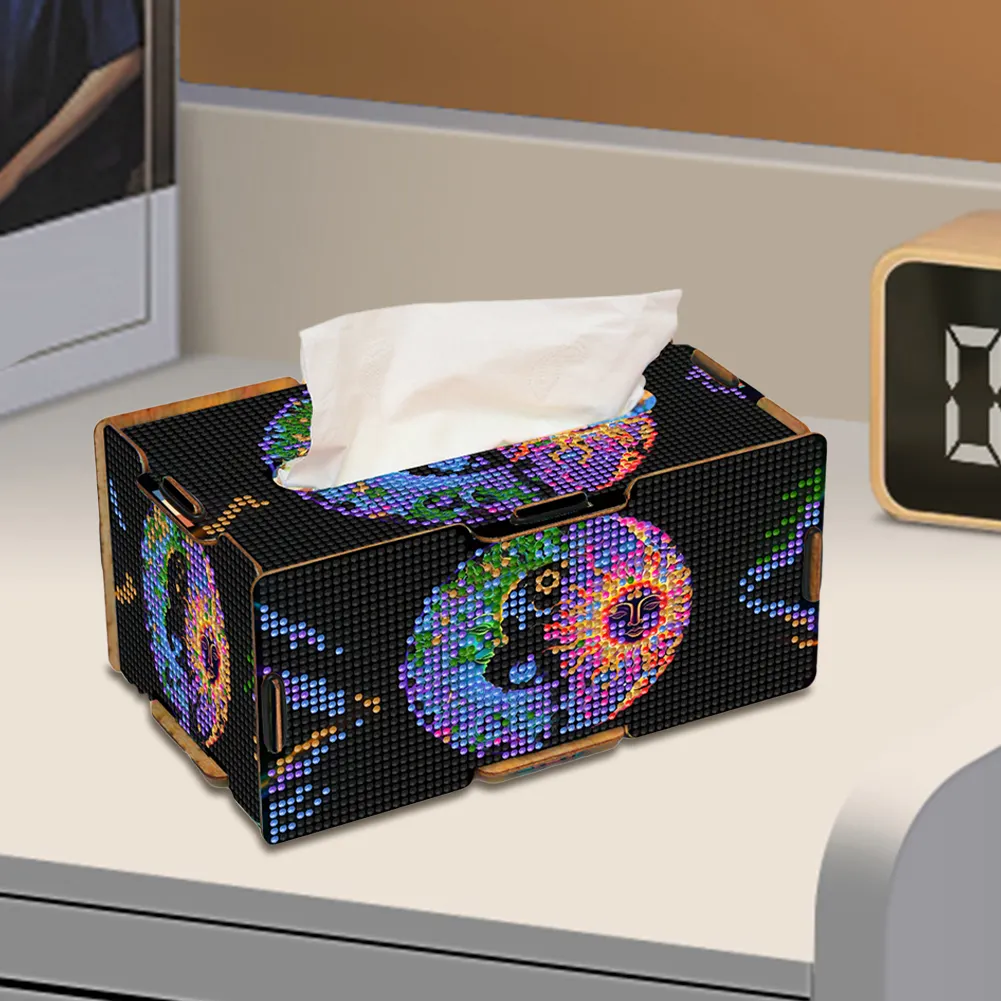 Sun and Moon Diamond Painting Tissue Box Wooden Diamond Art Tissue Storage Box