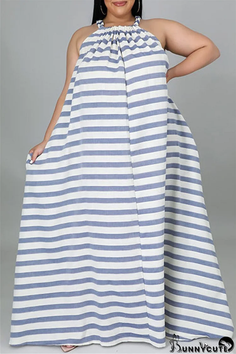 White Fashion Casual Plus Size Striped Print Backless O Neck Sleeveless Dress