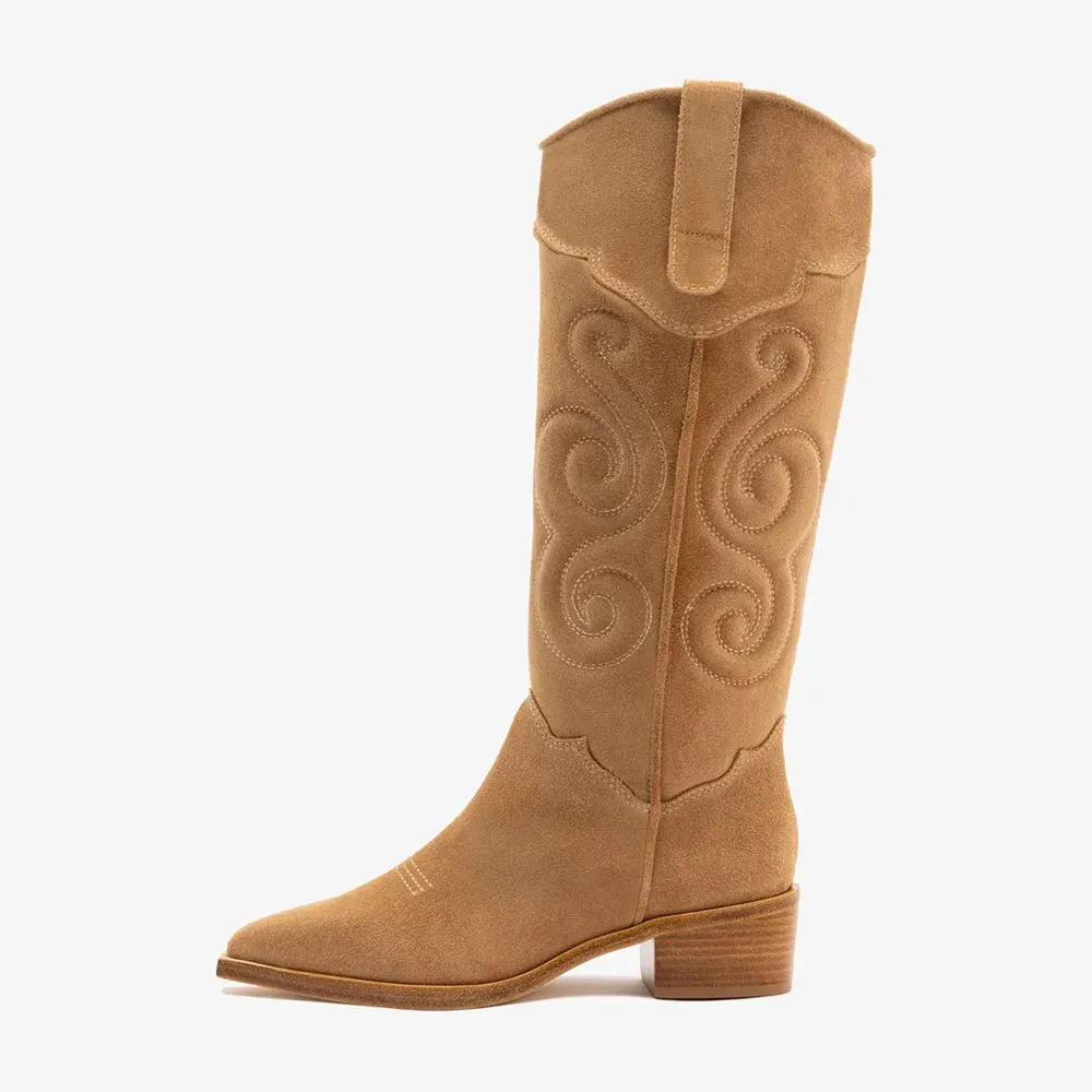 Closed Toe Block Heel Tan Embroidered Cowgirl Boots for Women