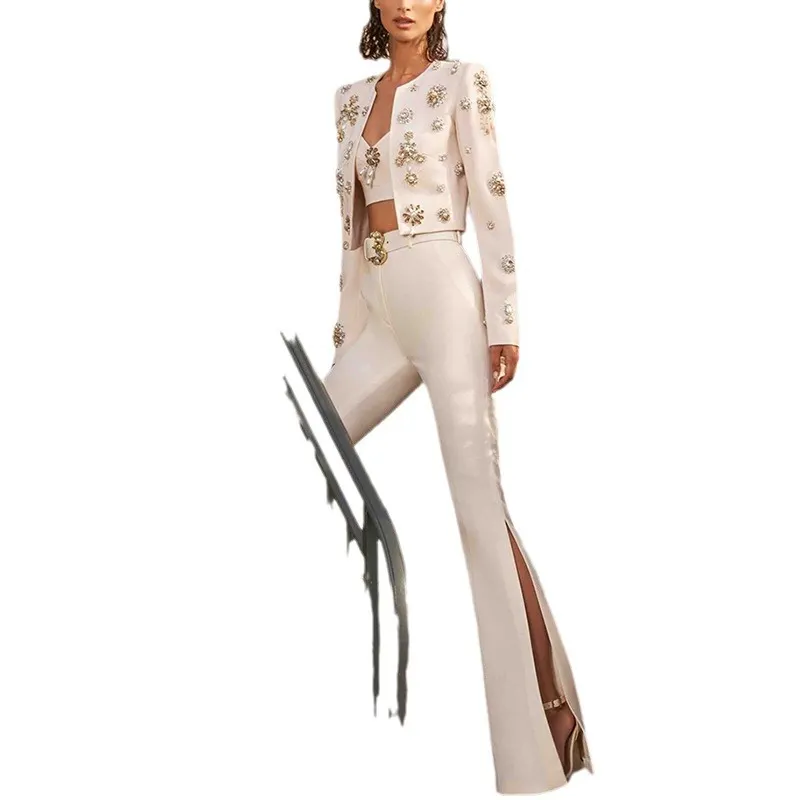Nigikala Nigikala New Fashion Round Neck Heavy Industry Nail Beads Short Jacket Open Fork Horn Trousers Set