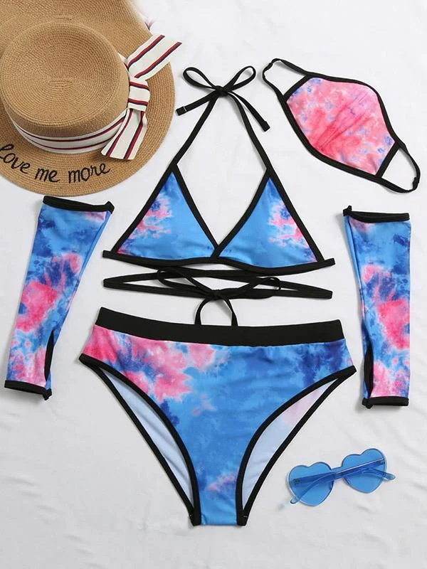 Tie-Dyed Gradient Triangles Split Bikini Swimsuit +Bracers+Mask