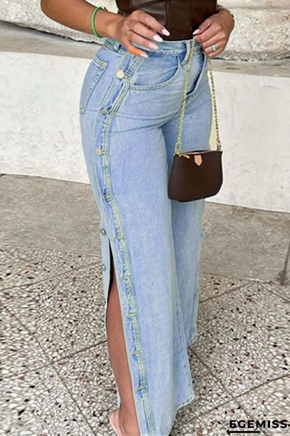 Baby Blue Casual Solid Patchwork Buckle Slit High Waist Denim Jeans | EGEMISS
