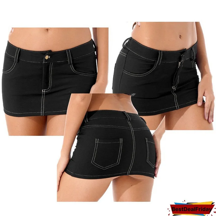 Women's Summer Low Waist Black Denim Skirt Denim Short Mini Jeans Skirt With Pockets