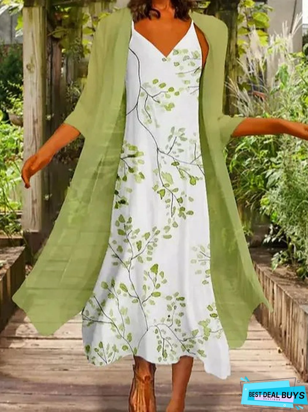 Two Piece Regular Fit Leaves Long Sleeve Woven Dress