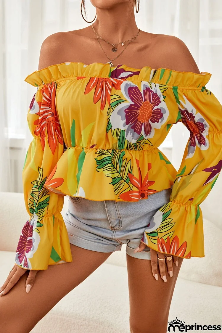 Floral Off-Shoulder Flounce Sleeve Peplum Blouse