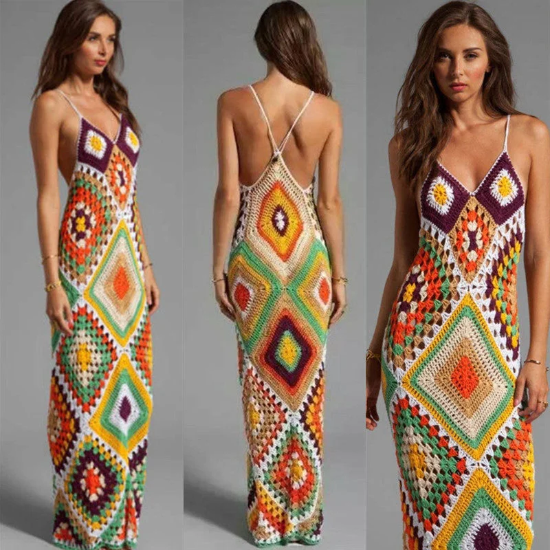 Sexy Backless Hand-crocheted Hollow V-neck Strap Dress | IFYHOME