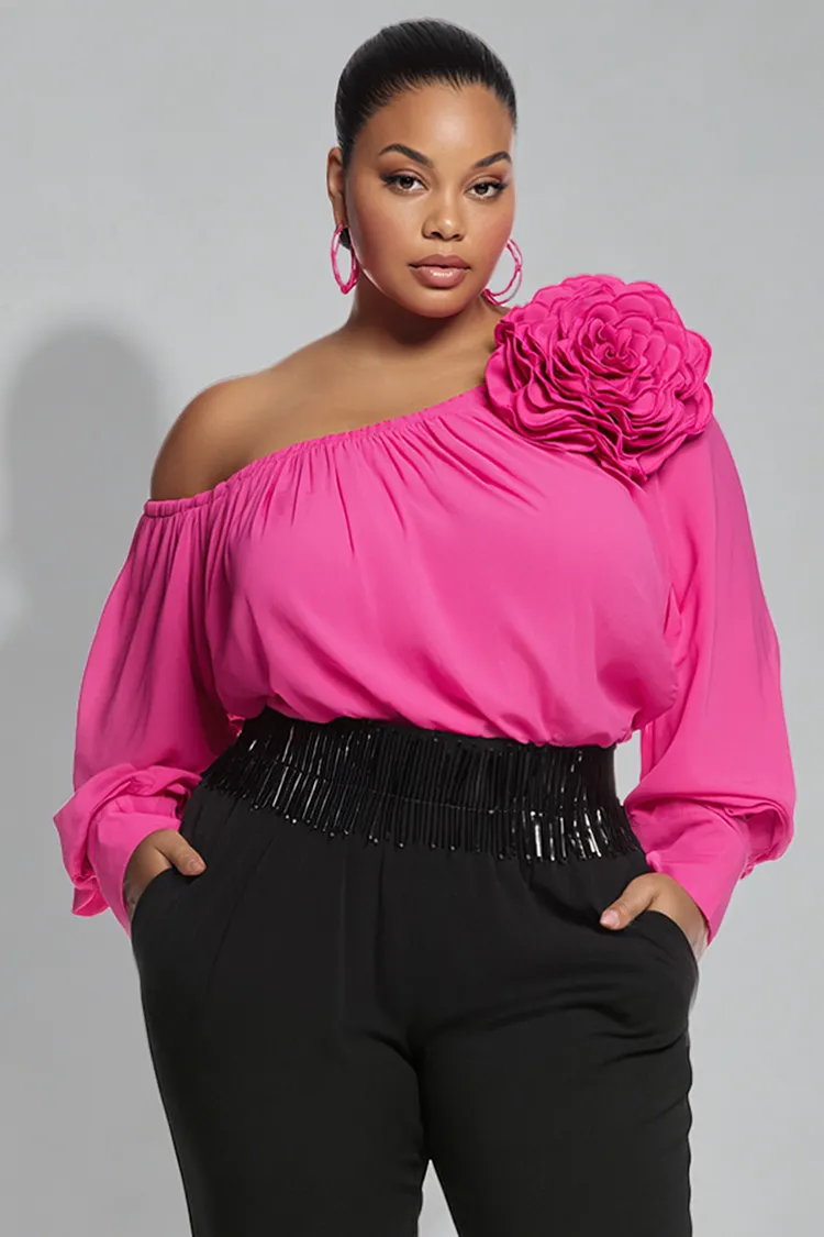 Xpluswear Design Plus Size Party Hot Pink Oblique Collar One Shoulder Long Sleeve 3D Blouses [Pre-Order] 2024 - Xpluswear