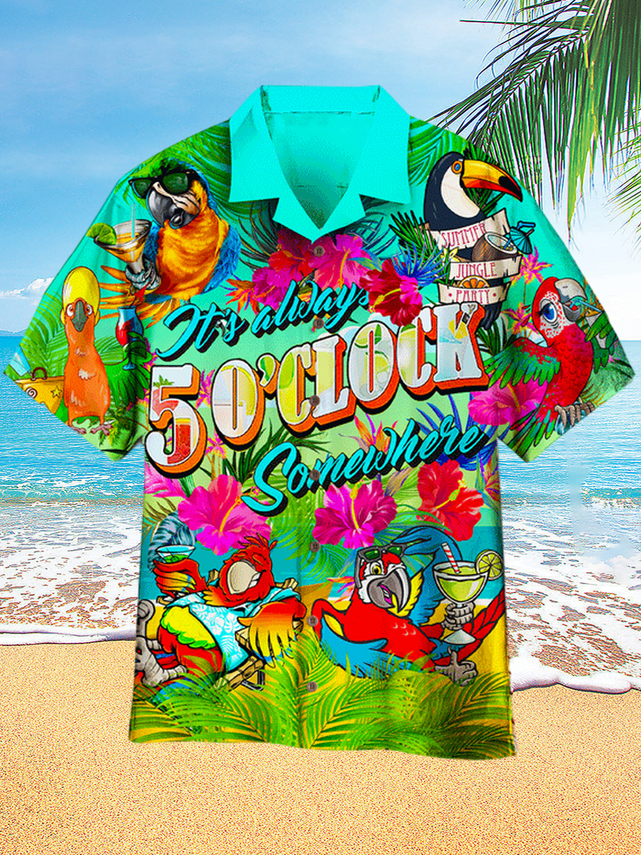 Men's Hawaiian Fun Parrot Pattern Party Print Short Sleeve Shirt PLUSCLOTHESMAN