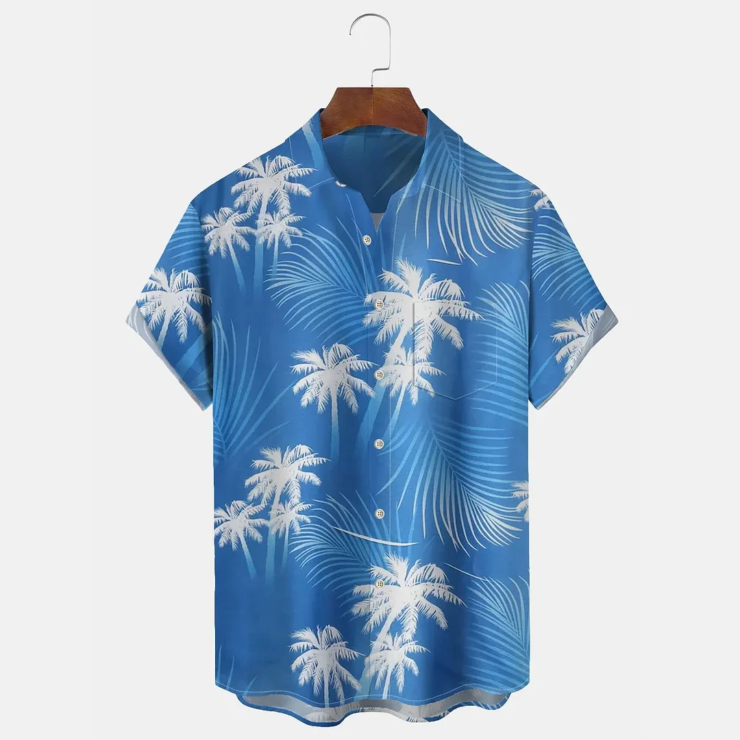 Men's Casual Hawaiian Coconut Tree Texture Printed Lapel Short Sleeved Shirt