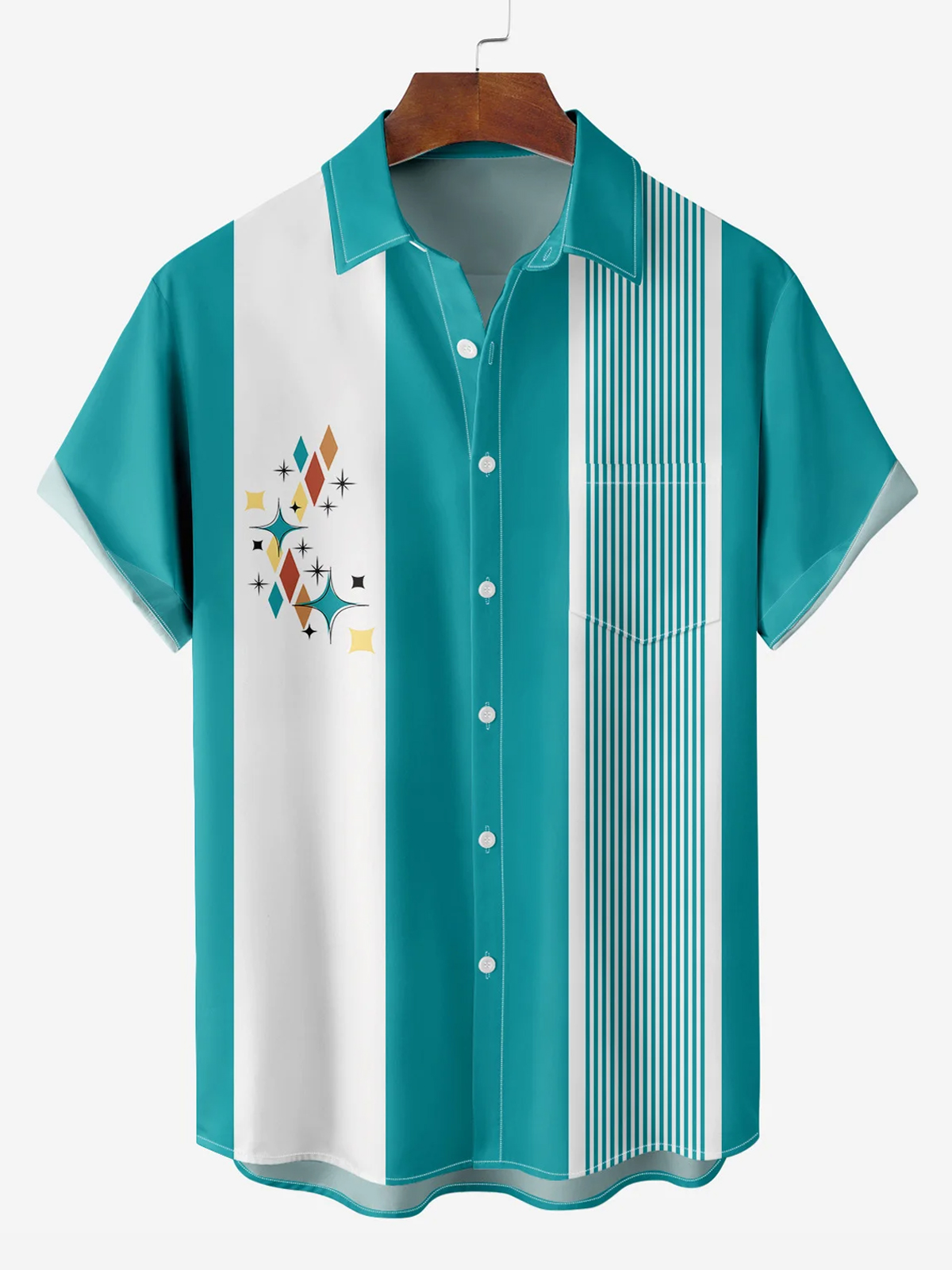 Men's Hawaiian Diamond Design Striped Casual Short Sleeve Bowling Shirt PLUSCLOTHESMAN