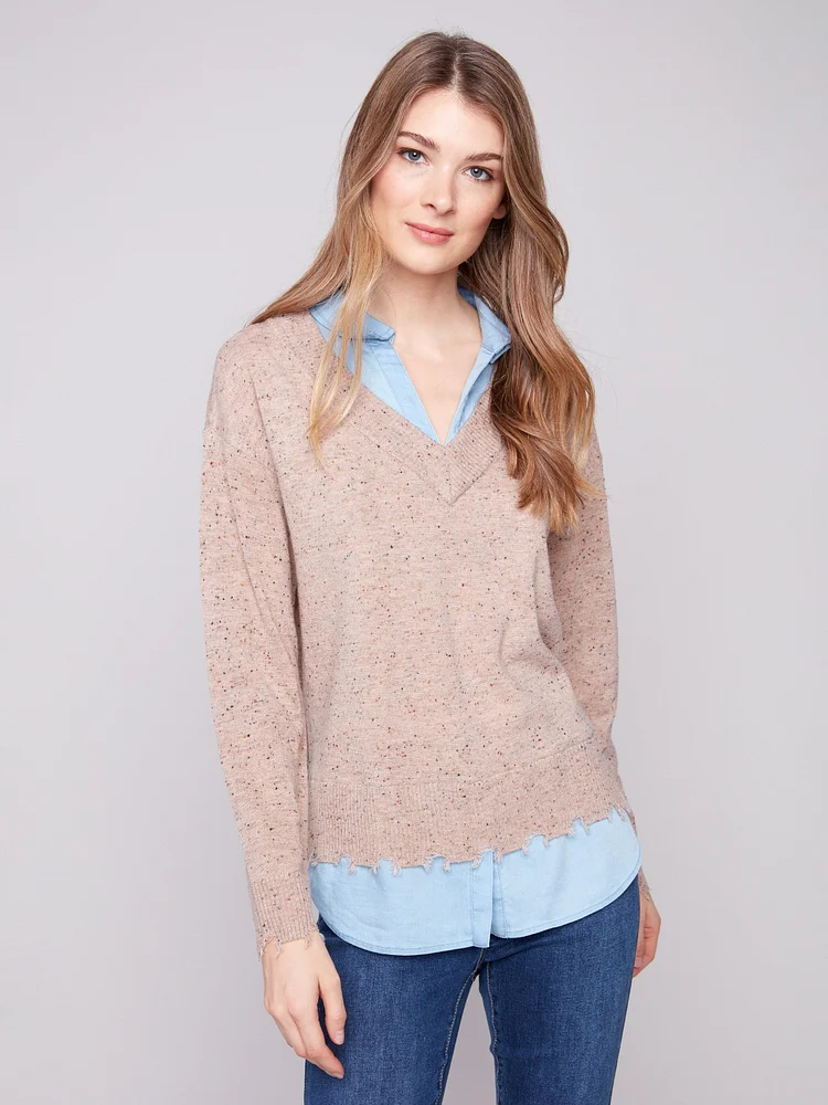 V-Neck Fooler Sweater With Shirt Collar - Oat Flecks