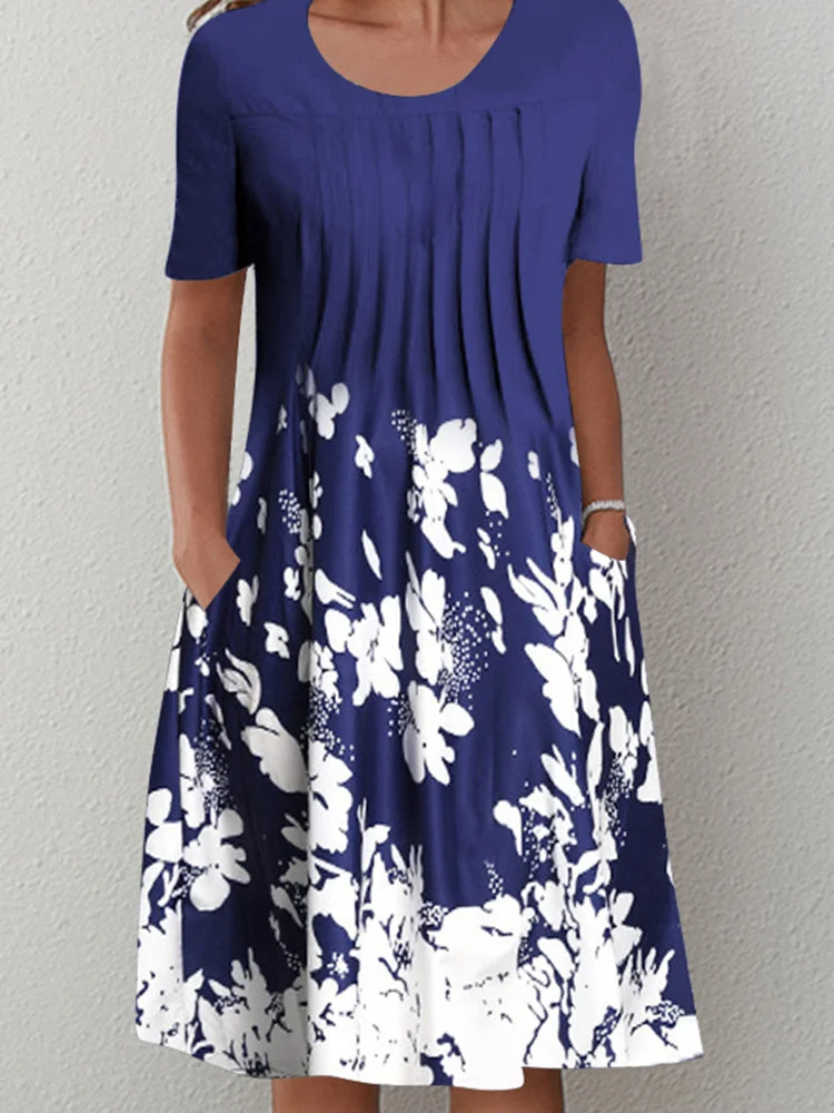 Women's Floral Floral Printed Short Sleeve Scoop Neck Midi Dress