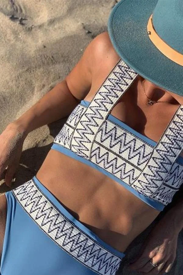 Women Cute Sexy Stripe Print Elastic Strap Split Bikini-Allyzone-Allyzone