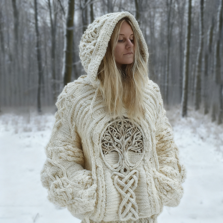 Women's Viking Tree Of Life Art Knit Jacquard Hooded Sweater