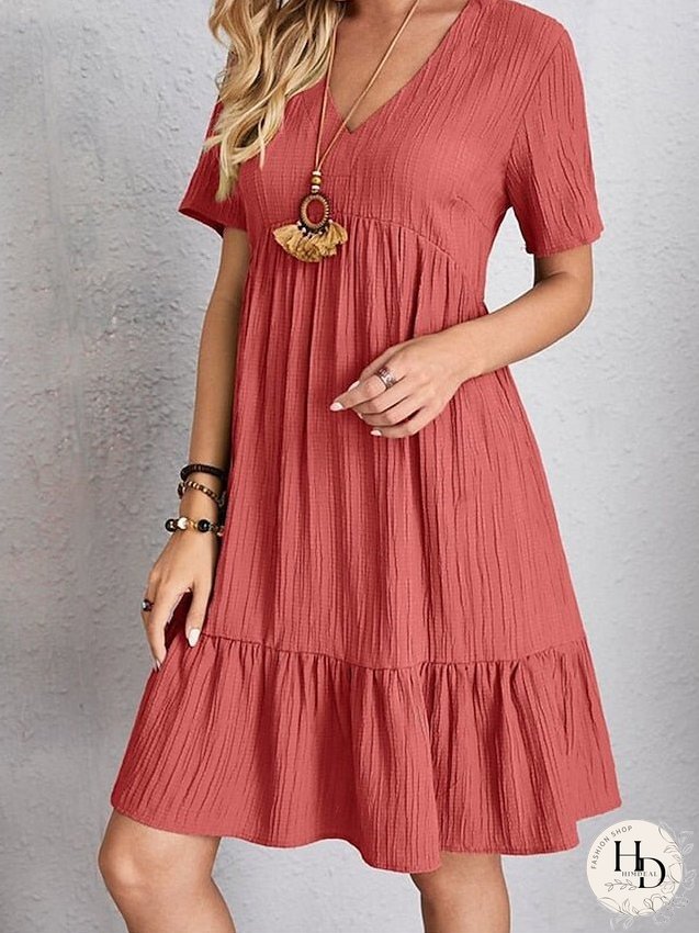 Casual Dress Shift Dress Plain Dress Plain Ruffle V Neck Midi Dress Basic Classic Outdoor Daily Short Sleeve Loose Fit Black Pink Red Spring Summer S M L XL XXL for Women
