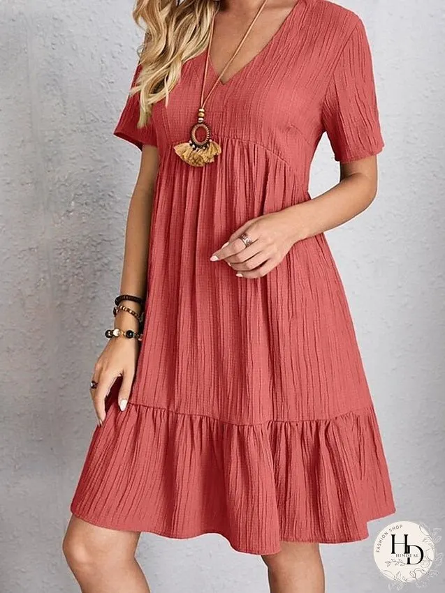 Casual Dress Shift Dress Plain Dress Plain Ruffle V Neck Midi Dress Basic Classic Outdoor Daily Short Sleeve Loose Fit Black Pink Red Spring Summer S M L XL XXL for Women