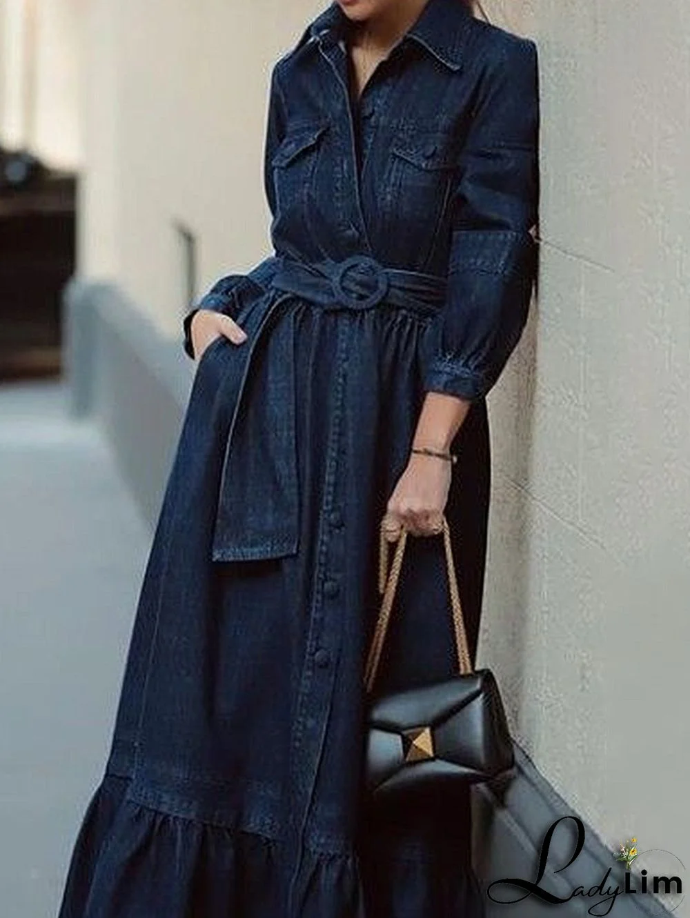 Casual Denim Turndown Collar 3/4 Sleeve Belt Midi Dress