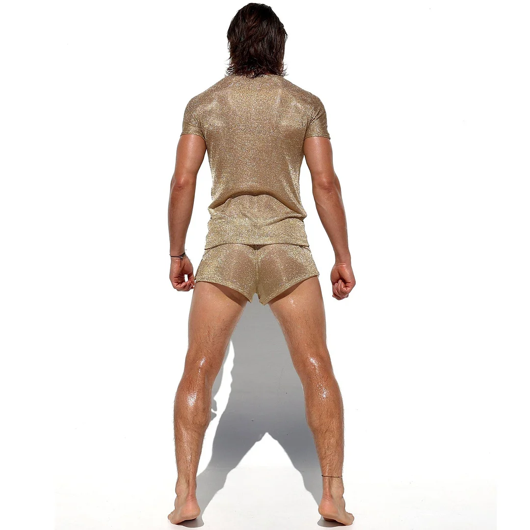 Men's Shiny Striped Loose Short-sleeved Crew Neck Top-inspireuse