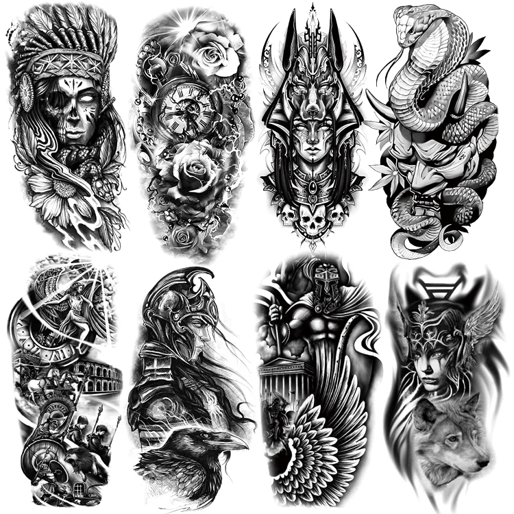 8 Sheets Waterproof Arm Leg Fake Temporary Tattoo - Indian Skull Snake Egypt Anubis Flower Compass Prajna Greek Myth Soldier