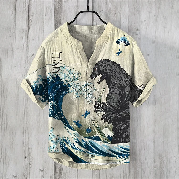 Comstylish The Great Waves And Godzilla Japanese Art Print Henry Collar Shirt