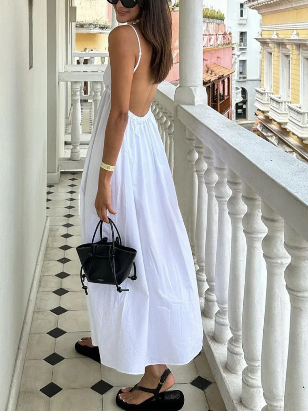 V-neck Solid Color Halter Dress
