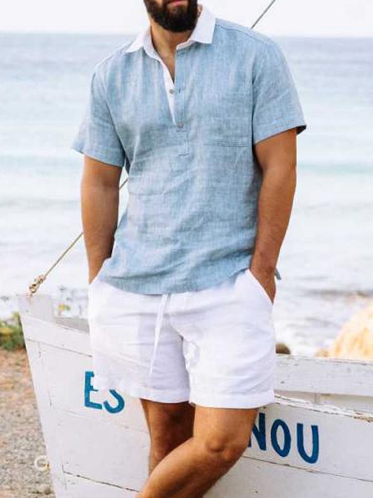 Cotton linen linen sports solid blue loose-fitting shirt