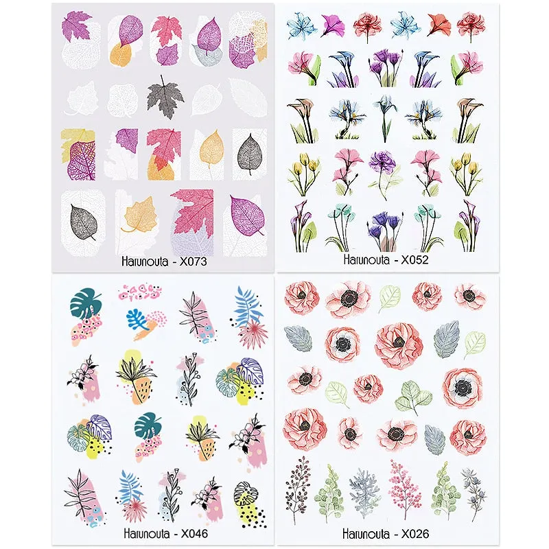 Harunouta 4pcs Geometry Color Wave Line Water Decals Stickers Flower Leaves Slider For Nails Spring Summer Nail Art Decorations