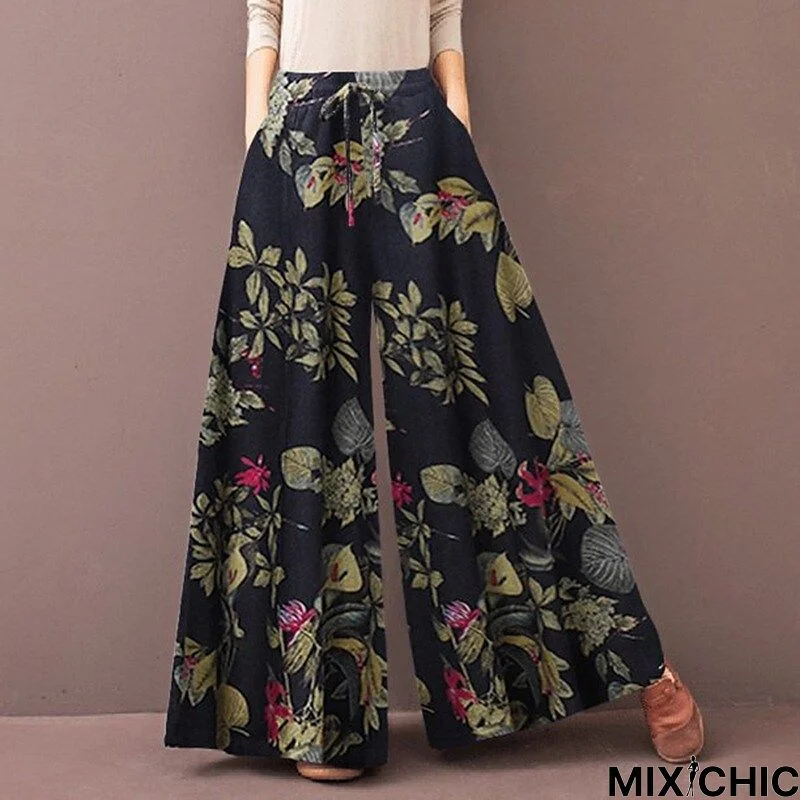 Women's Culottes Wide Leg Slacks Pants Trousers Trousers Cotton And Linen Yellow Dark Blue Red Mid Waist Fashion Streetwear Holiday Weekend Pocket Print Full Length Comfort Flower / Floral S M L XL