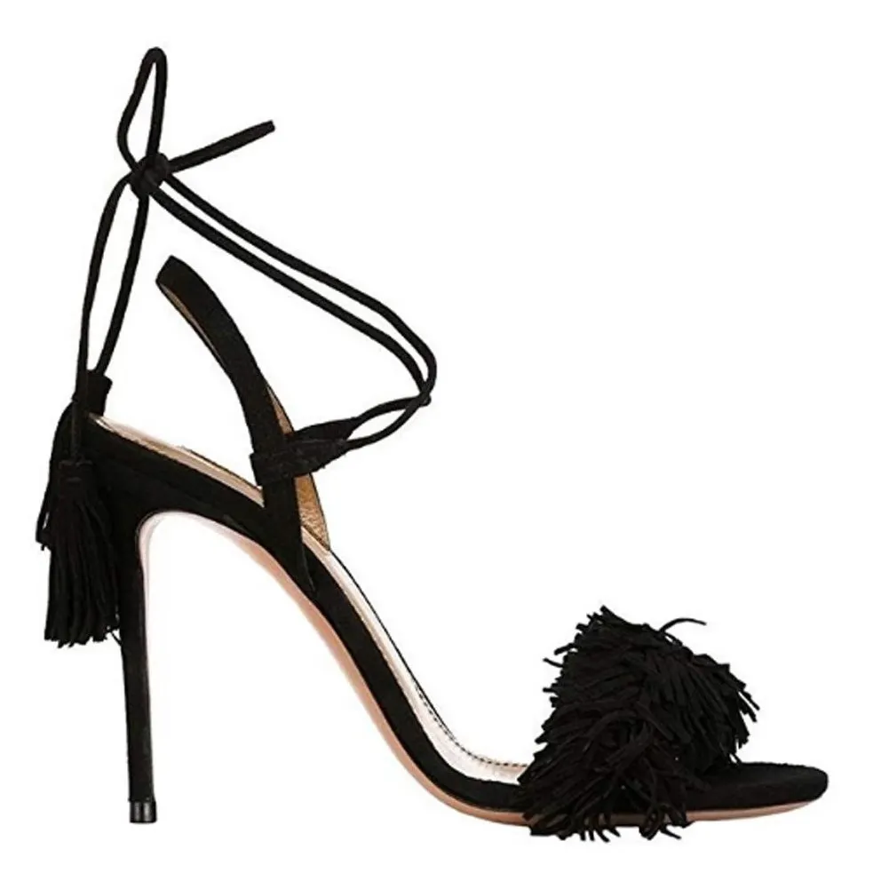 3.94" Ladies Open Toe Suede Leather Sandals Fringed Strappy Stiletto Heel Shoes-vocosishoes